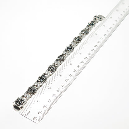 925 Sterling Silver Vintage Fleur de Lis Cross Oxidized Anchor Link Bracelet 8"
