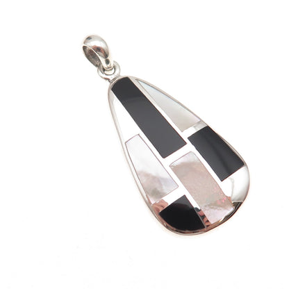 925 Sterling Silver Vintage Real Black Onyx & MOP Modernist Charm Pendant