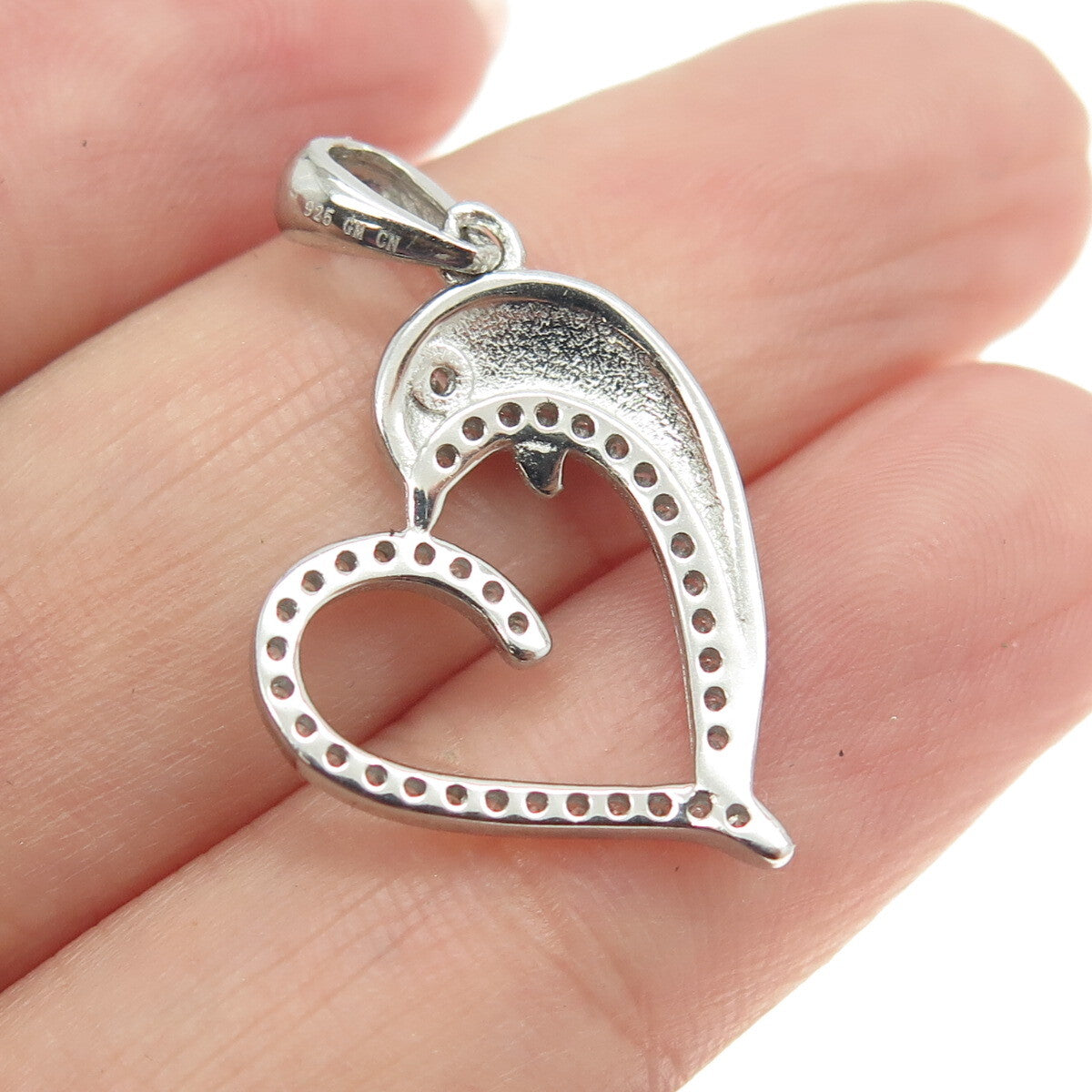 925 Sterling Silver Round-Cut C Z Dolphin Heart Pendant