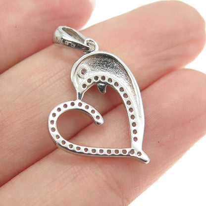 925 Sterling Silver Round-Cut C Z Dolphin Heart Pendant