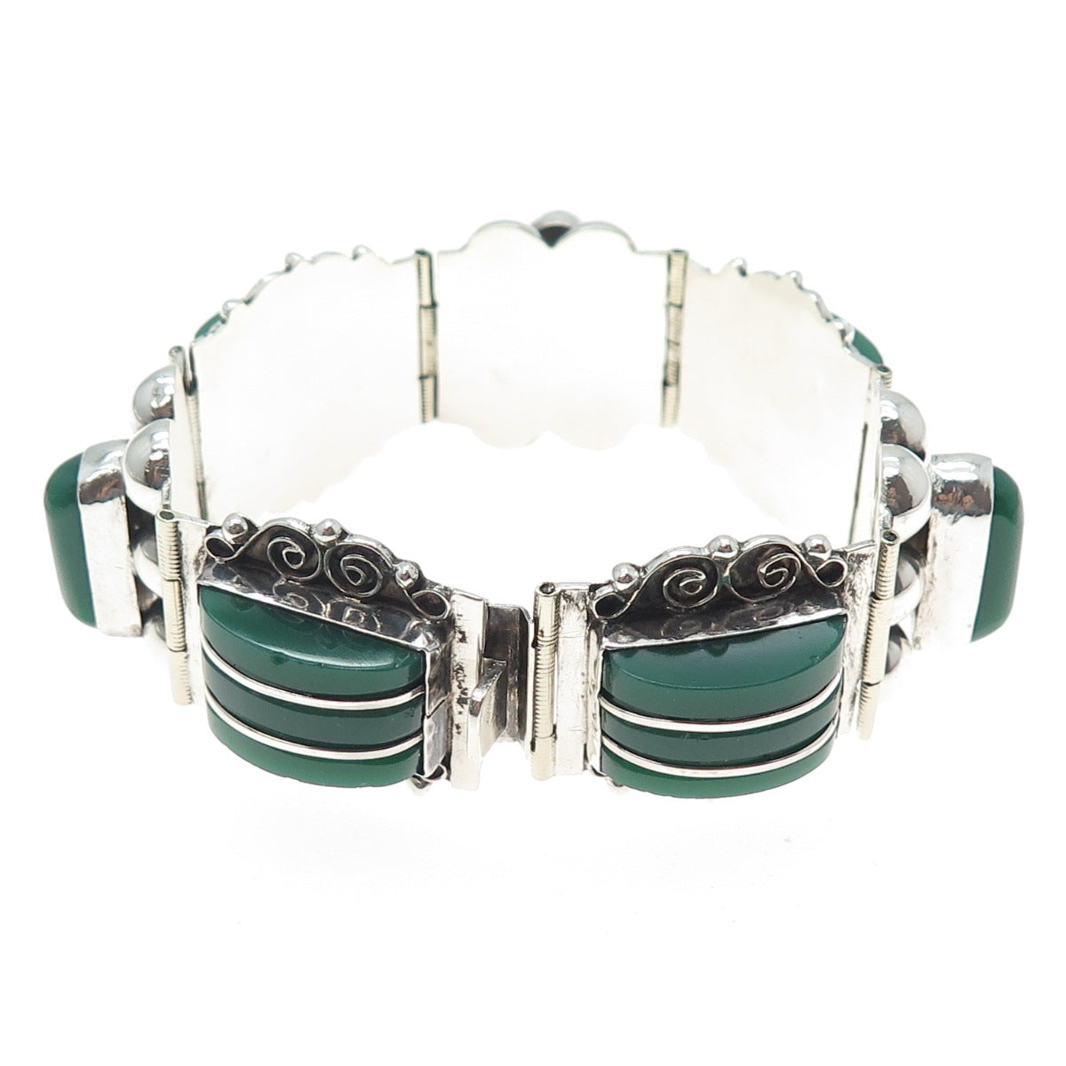 925 Sterling Silver Vintage Mexico Real Green Onyx Panel Link Bracelet 6.75"