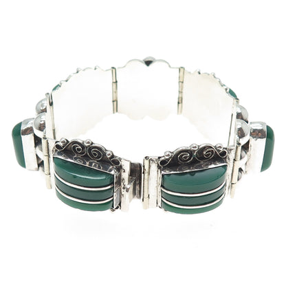 925 Sterling Silver Vintage Mexico Real Green Onyx Panel Link Bracelet 6.75"