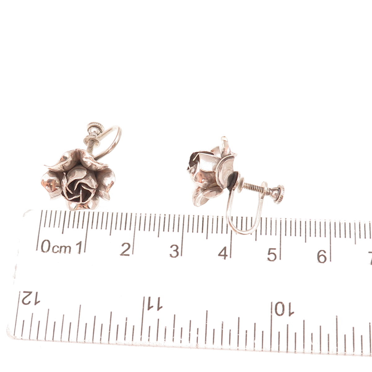 925 Sterling Silver Antique Art Deco Rose Flower Oxidized Screw Back Earrings