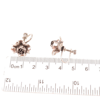 925 Sterling Silver Antique Art Deco Rose Flower Oxidized Screw Back Earrings
