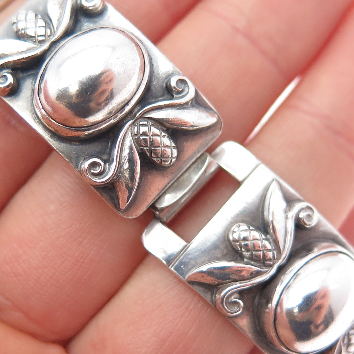 GEORG JENSEN 925 Sterling Silver Antique Acorn Panel Link Bracelet 6.75" #478
