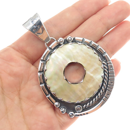 925 Sterling Silver Vintage Real MOP Modernist Oxidized Pendant
