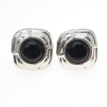 925 Sterling Silver Vintage Mexico Real Black Onyx Modernist Clip On Earrings