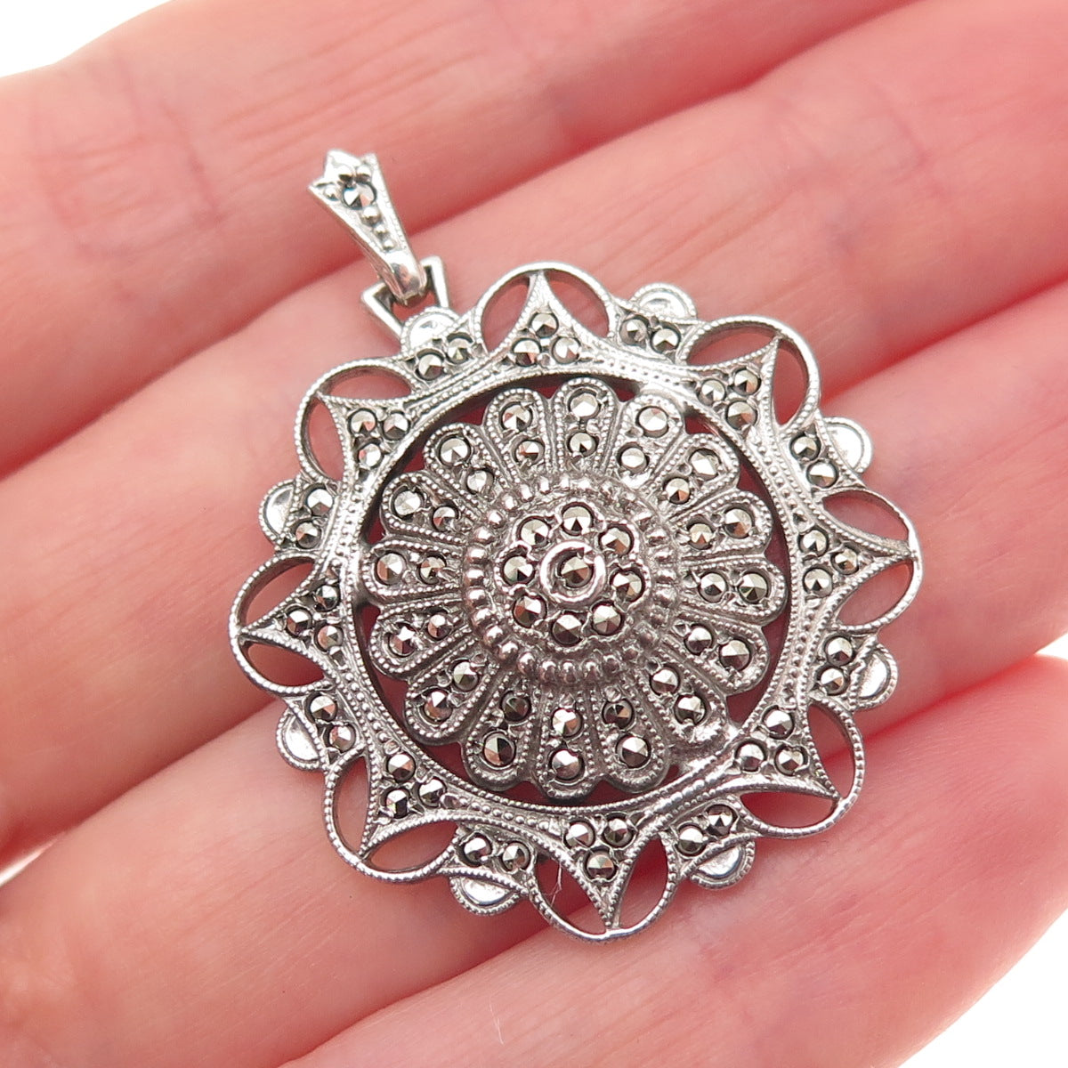 KD Kimler & Daniel 925 Sterling Antique Art Deco Real Marcasite Floral Pendant