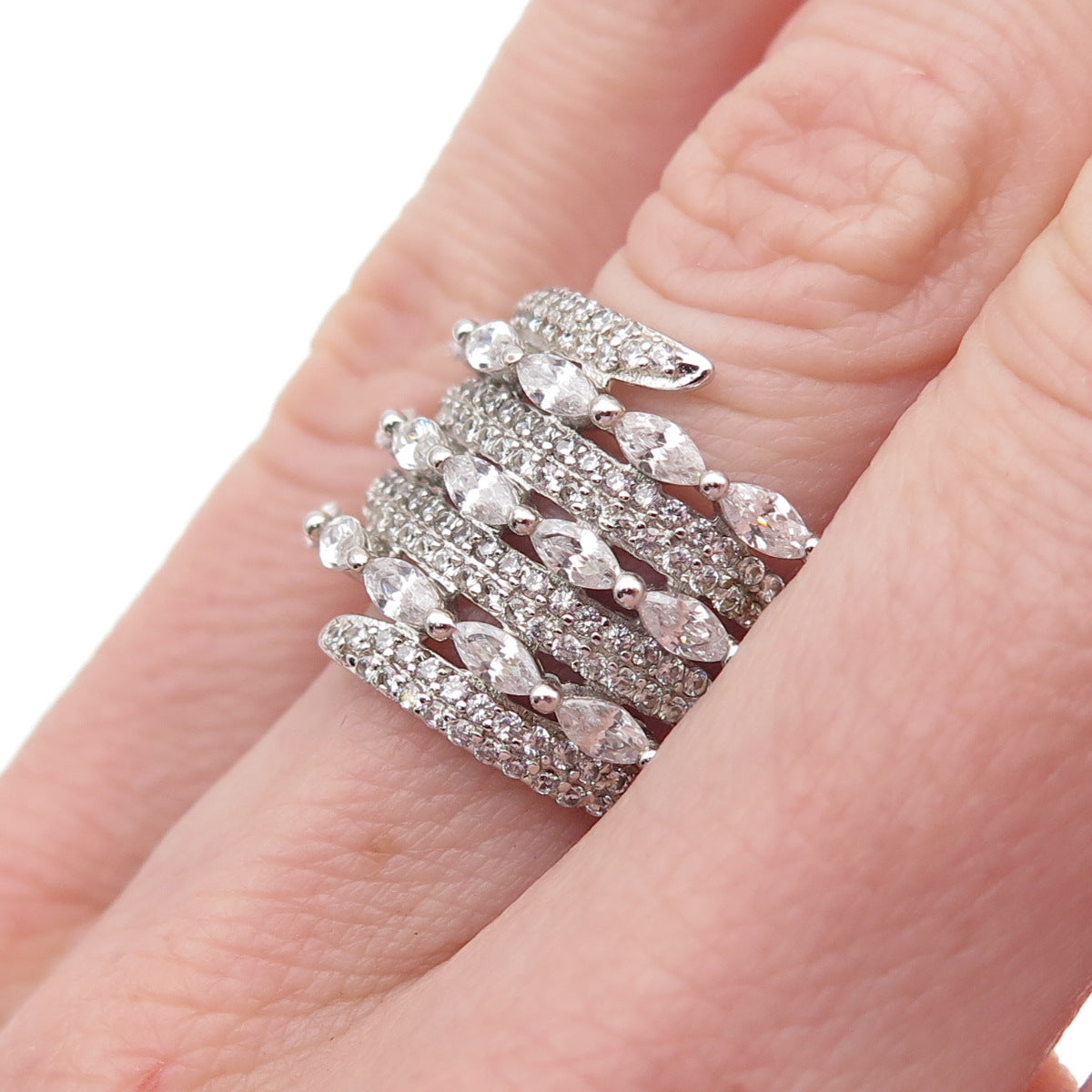 925 Sterling Silver Marquise & Round-Cut C Z Multi-Row Ring Size 6.25