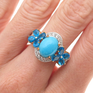 925 Sterling Silver 2-Tone Real Turquoise Apatite & White Topaz Ring Size 8