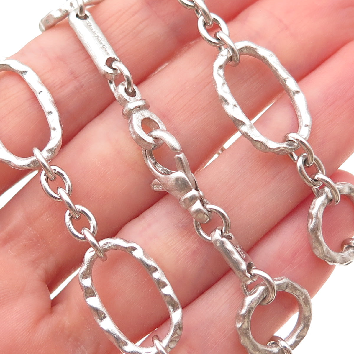 Rhonda Faber Green 925 Sterling Silver Vintage Hammered Oval Chain Necklace 36"