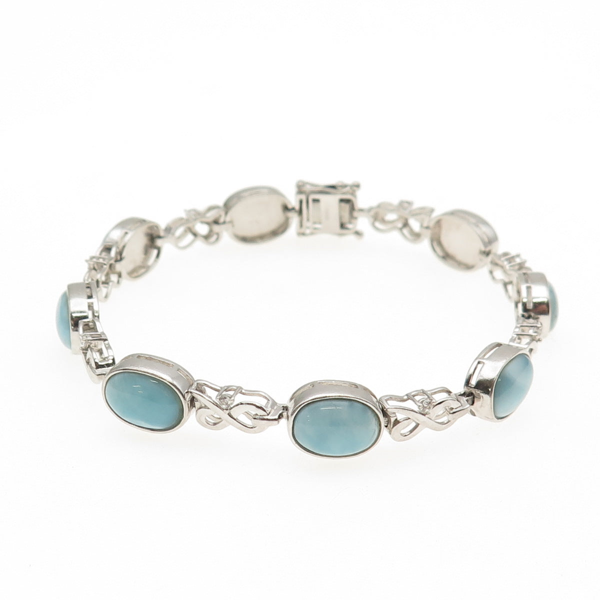 JH YOUNG 925 Sterling Silver Real Larimar & C Z Infinity Link Bracelet 7.75"