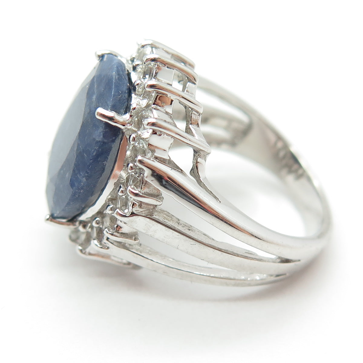 925 Sterling Silver Real Blue Sapphire & White Topaz Gemstone Ring Size 6.75