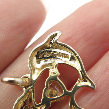 ROSS SIMONS 925 Sterling Gold Plated Diamond & C Z Couple of Dolphins Pendant