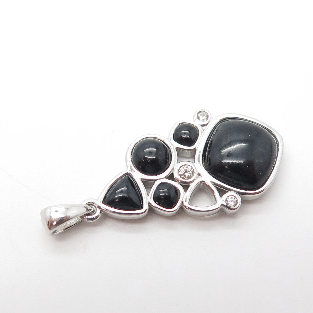 925 Sterling Silver Real Black Onyx & White Topaz Cluster Pendant