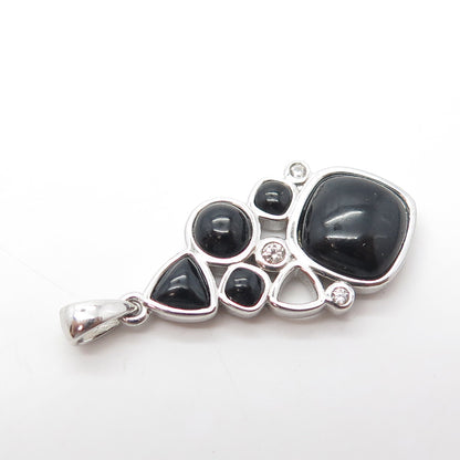 925 Sterling Silver Real Black Onyx & White Topaz Cluster Pendant