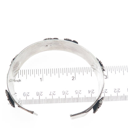 925 Sterling Silver Vintage MRF Flower Oxidized Adjustable Cuff Bracelet 7.25"