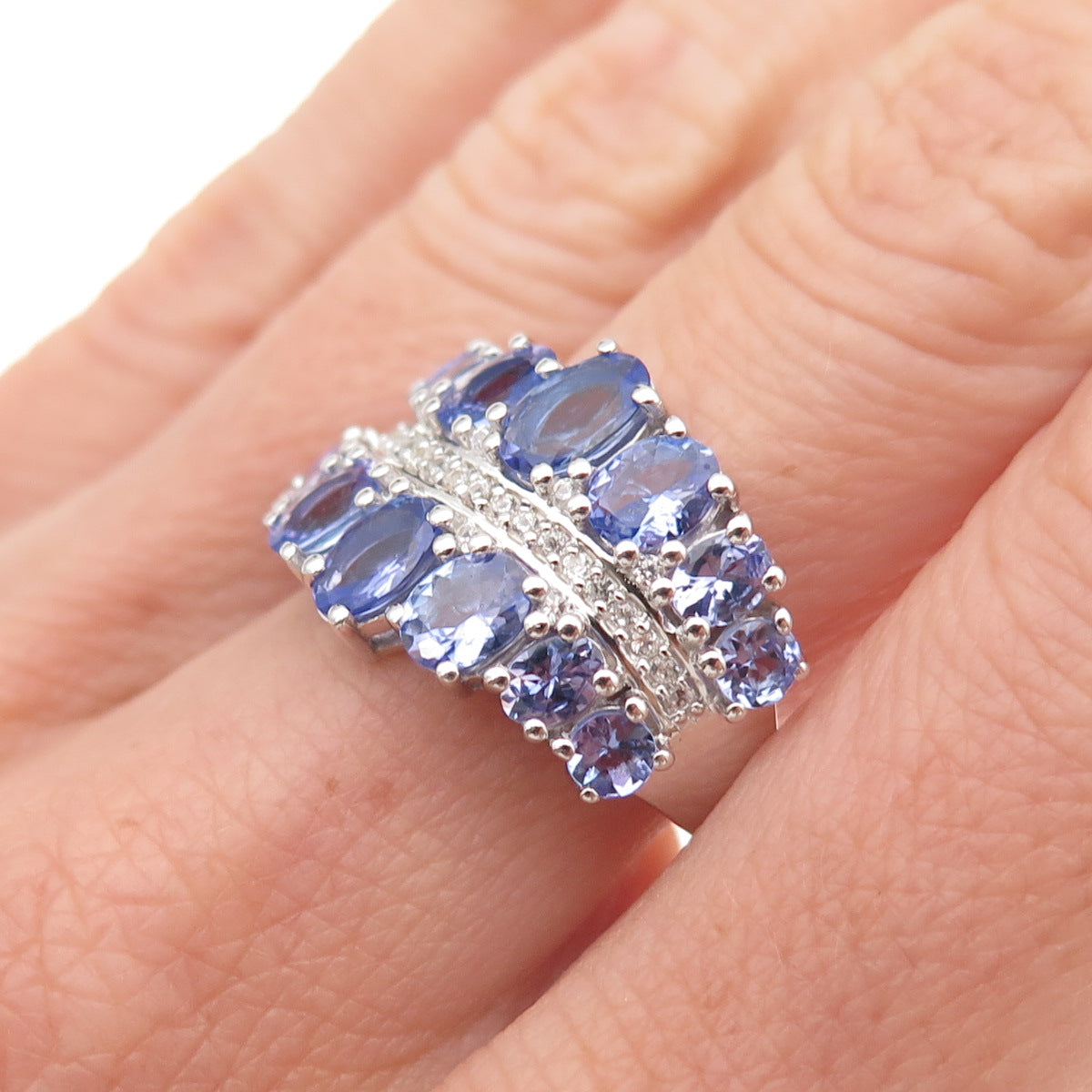 925 Sterling Silver Real Oval-Cut Tanzanite & Round-Cut White Topaz Ring Size 8