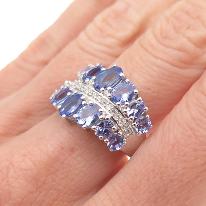 925 Sterling Silver Real Oval-Cut Tanzanite & Round-Cut White Topaz Ring Size 8