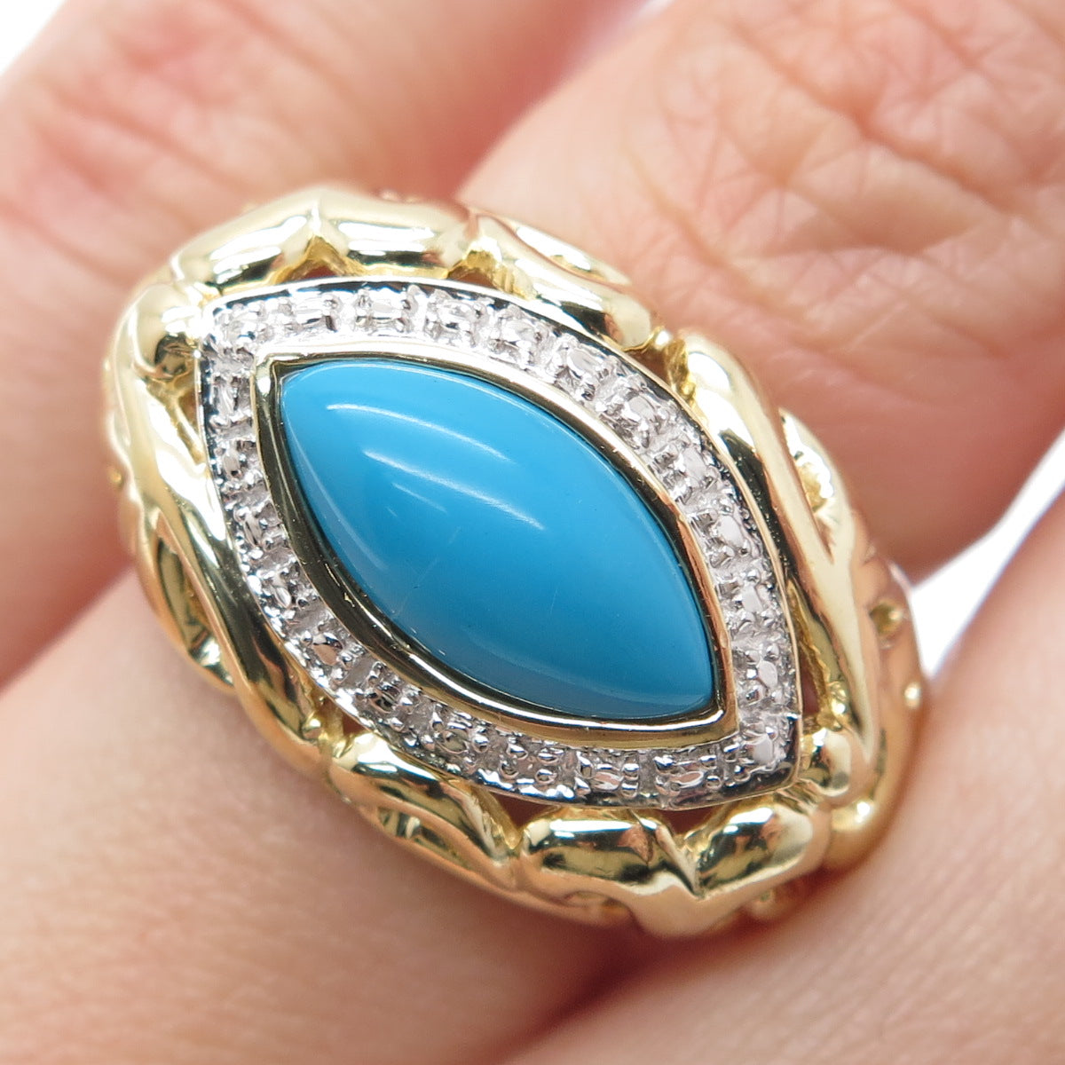 925 Sterling Silver Gold Plated Real Diamond Accent & Turquoise Ring Size 5.5