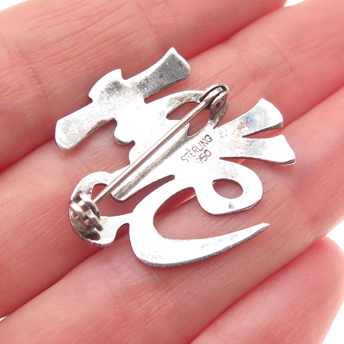950 Silver Vintage Longevity Japanese Character Oxidized Pin Brooch