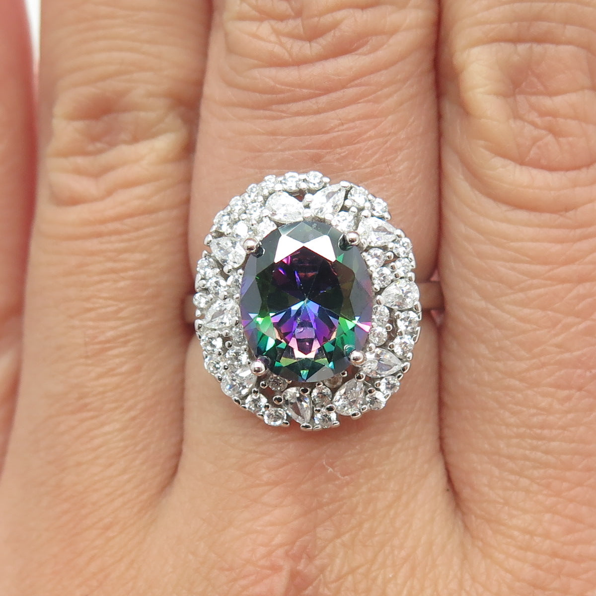 925 Sterling Silver Oval-Cut Mystic Crystal & Multi C Z Bohemian Ring Size 7