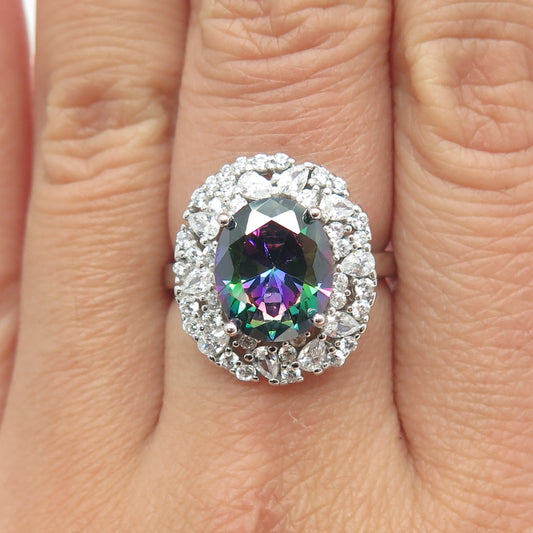 925 Sterling Silver Oval-Cut Mystic Crystal & Multi C Z Bohemian Ring Size 7