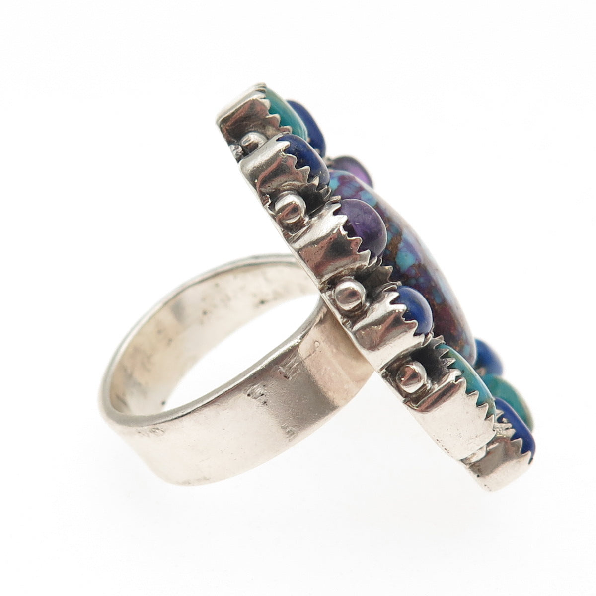925 Sterling Vintage Mohave Turquoise Amethyst & Lapis Adjustable Ring Size 8.25