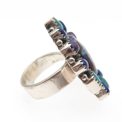 925 Sterling Vintage Mohave Turquoise Amethyst & Lapis Adjustable Ring Size 8.25