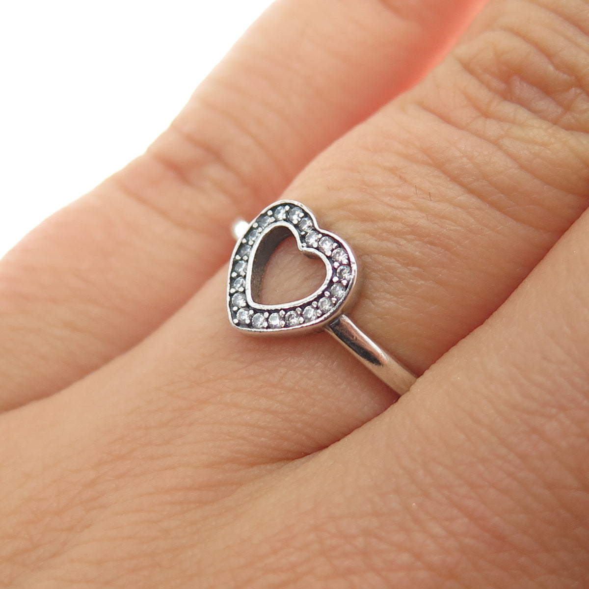 925 Sterling Silver Round-Cut C Z Open Heart Ring Size 6