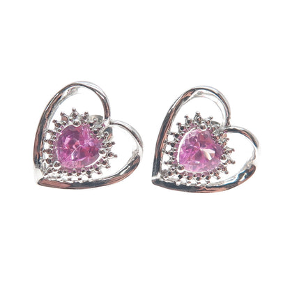 SUN 925 Sterling Silver Real Pink Sapphire Heart Stud Earrings