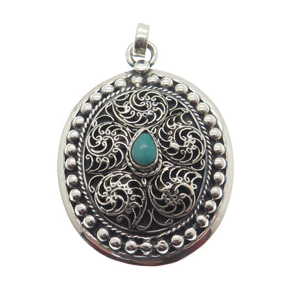 925 Sterling Silver Vintage Real Turquoise Gemstone Beaded Ornate Pendant