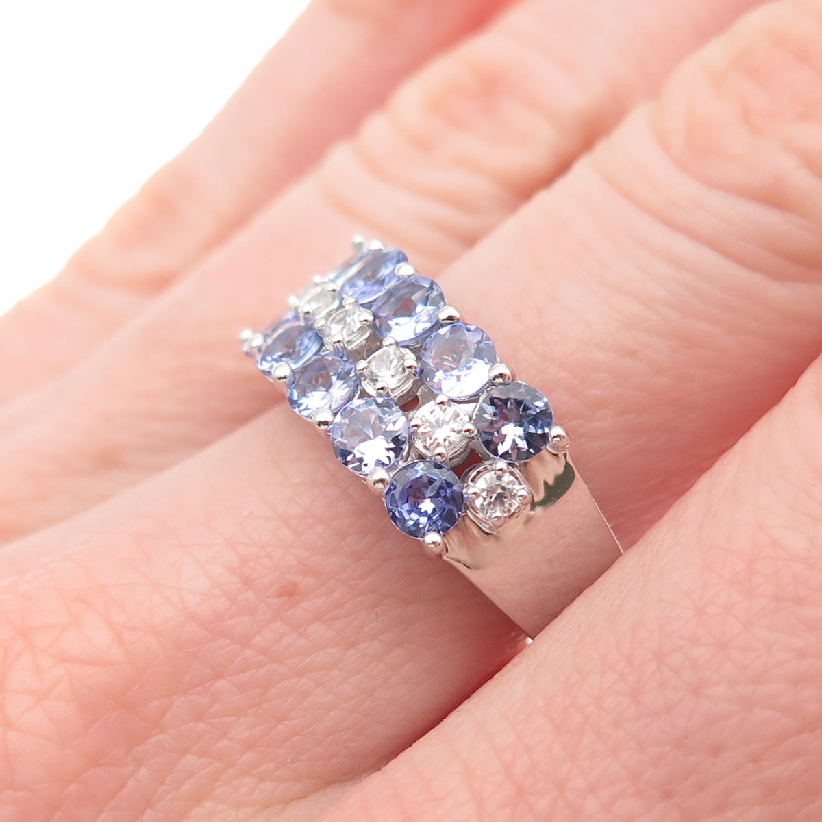 DSMK 925 Sterling Silver Real Round-Cut Tanzanite & White Topaz Ring Size 7.25