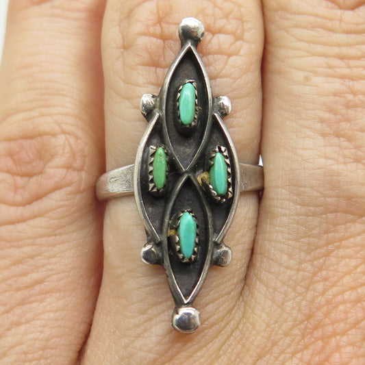 Old Pawn 925 Sterling Silver Vintage Turquoise Needlepoint Tribal Ring Size 5.75