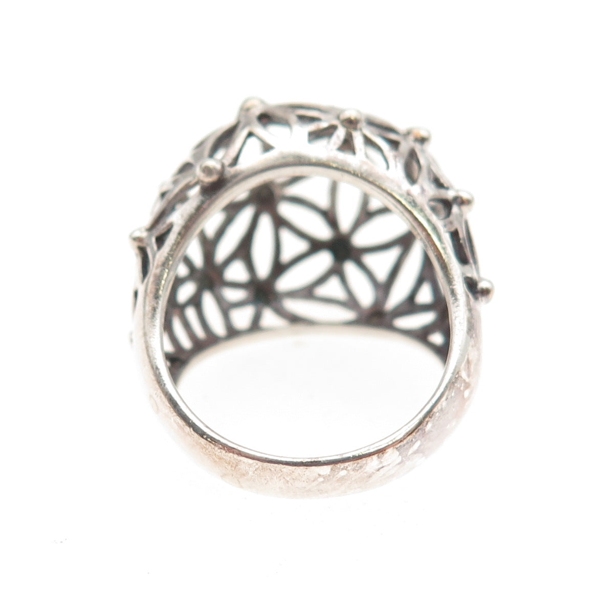 925 Sterling Silver Vintage Modernist Flower Dome Oxidized Ring Size 6.75