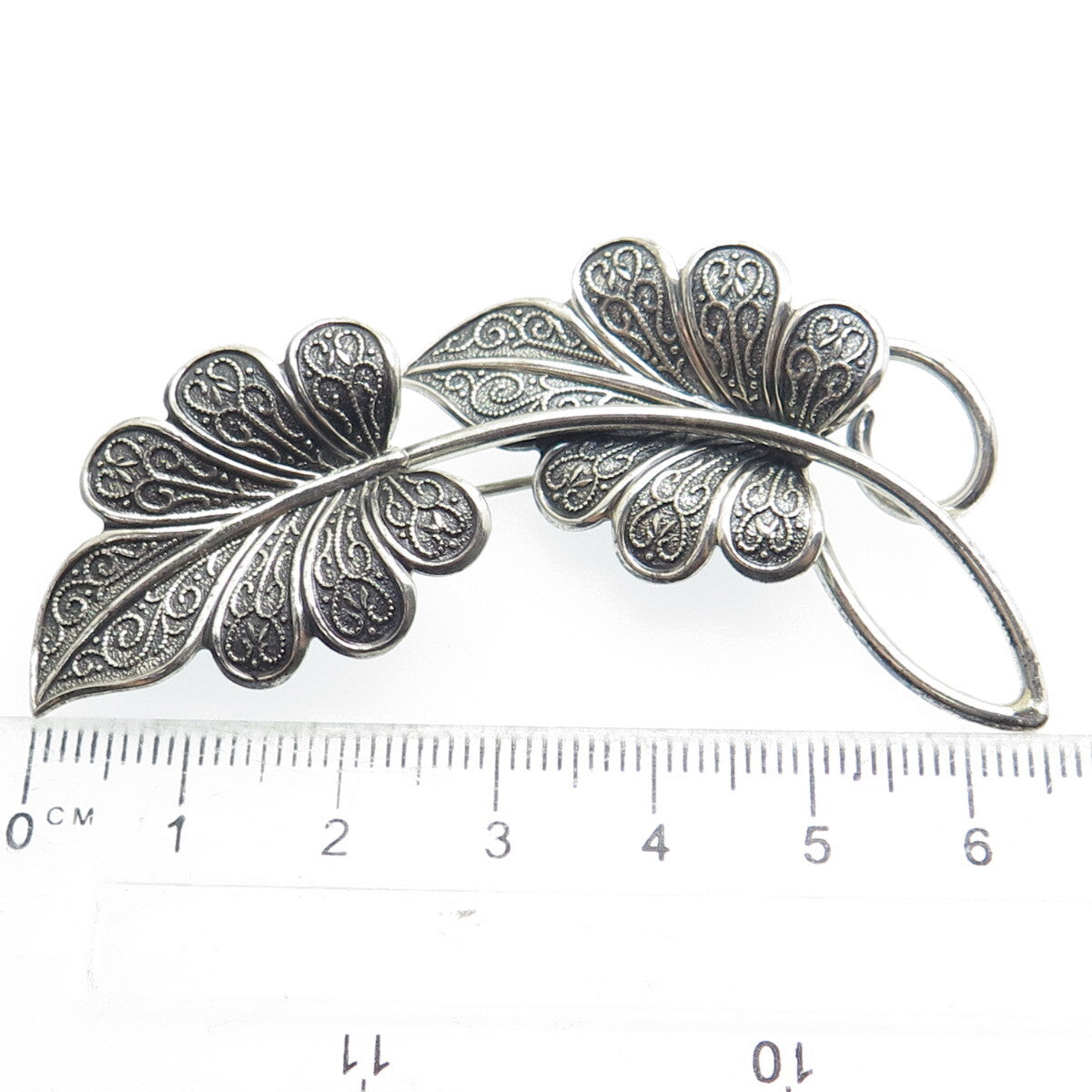 BEAU 925 Sterling Silver Vintage Floral Leaves Oxidized Pin Brooch