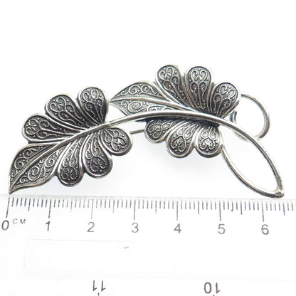 BEAU 925 Sterling Silver Vintage Floral Leaves Oxidized Pin Brooch