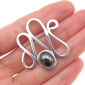 925 Sterling Silver Vintage Real Hematite Modernist Zig Zag Pin Brooch