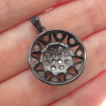 925 Sterling Silver Black Rhodium Real Round-Cut White Topaz Charm Pendant