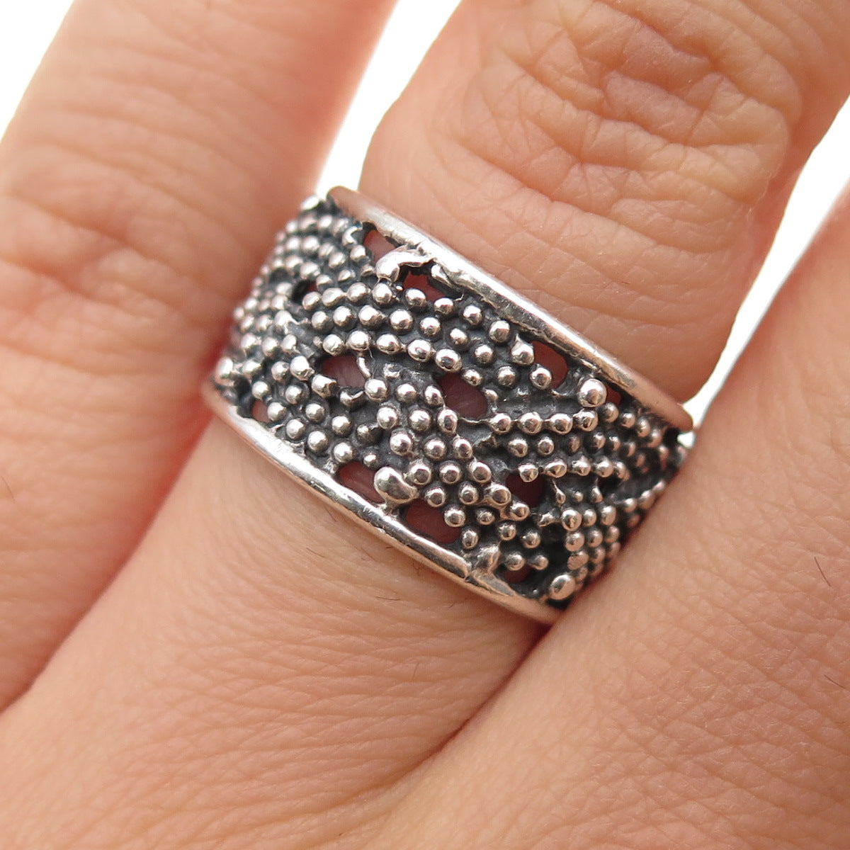 925 Sterling Silver Vintage Woven Granulated Oxidized Band Ring Size 6.75
