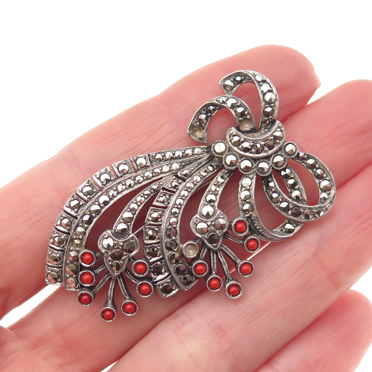 835 Silver Antique Art Deco Real Coral & Marcasite Pin Brooch (missing 3 stones)