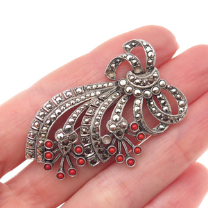 835 Silver Antique Art Deco Real Coral & Marcasite Pin Brooch (missing 3 stones)