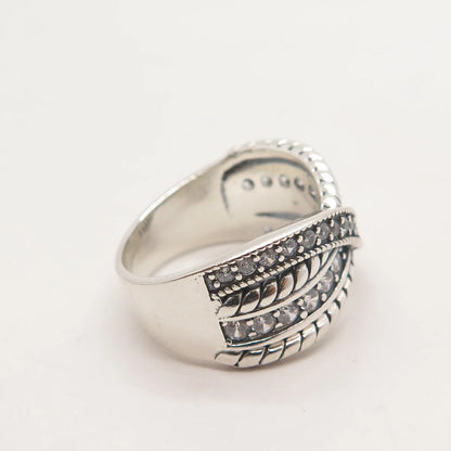 925 Sterling Silver Pave C Z Crossover Ring Size 6.75