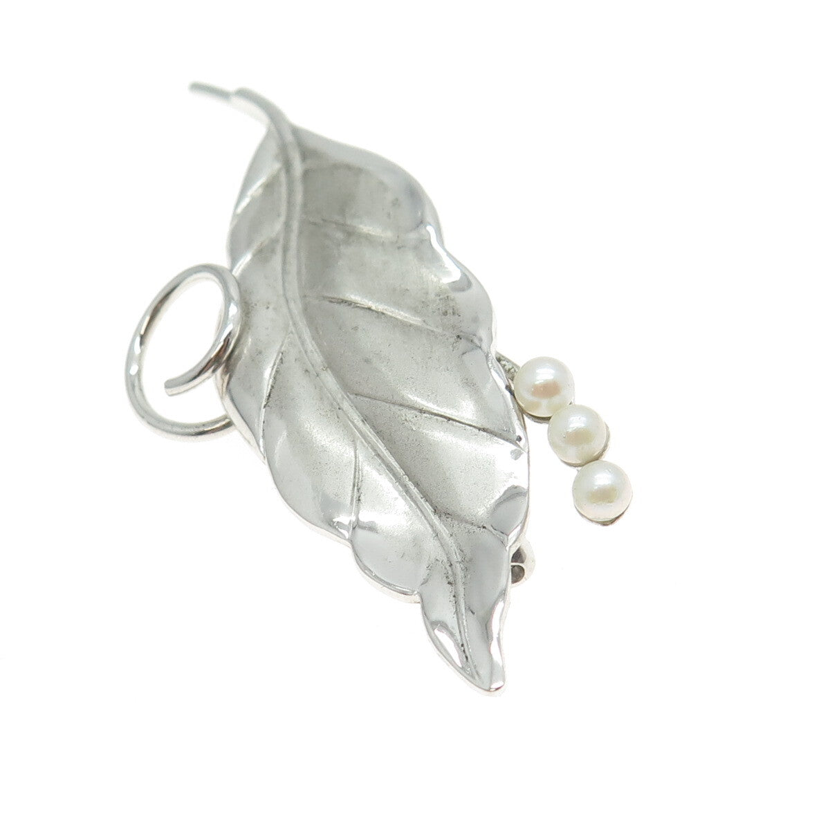 CARL ART 925 Sterling Silver Vintage Real Pearl Laurel Leaf Modernist Pin Brooch