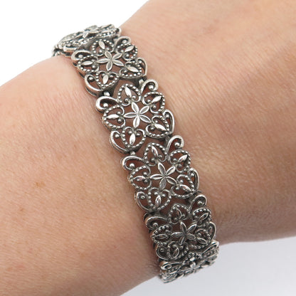 ROSS SIMONS Sterling Silver Vintage Flower & Heart Oxidized Link Bracelet 7.25"