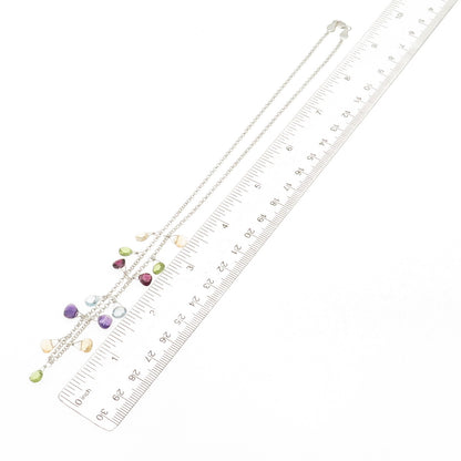Gold Stone 925 Sterling Silver Vintage Real Multi-Gem Cable Chain Necklace 18"