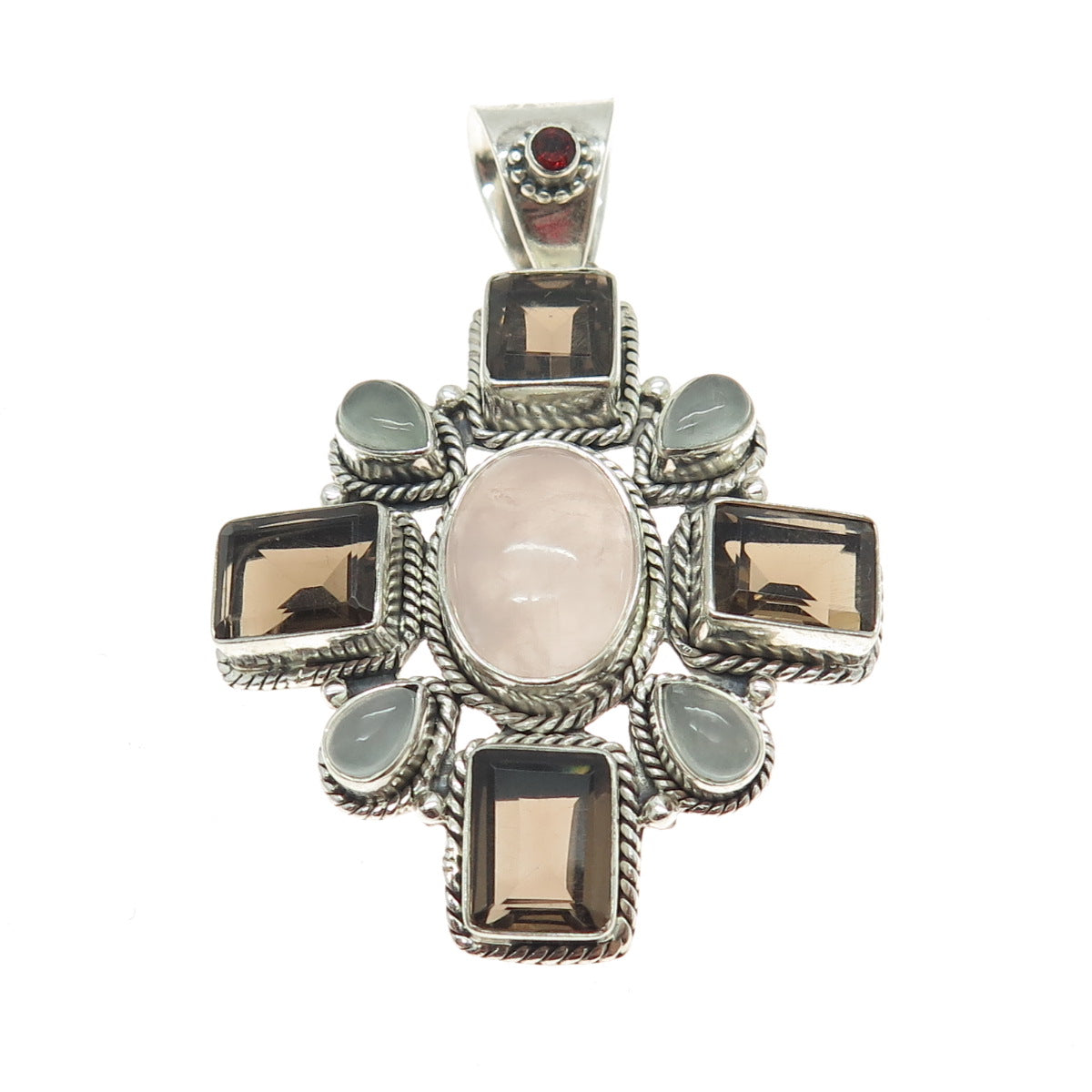 925 Sterling Silver Vintage Garnet Rose & Smoky Quartz Aquamarine Cross Pendant