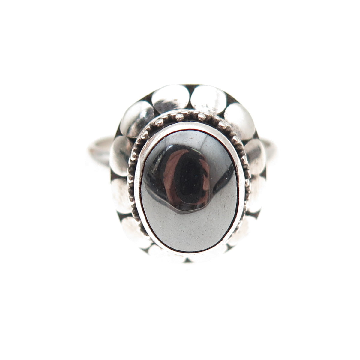 925 Sterling Silver Vintage Real Hematite Dotted Oxidized Ring Size 5.75