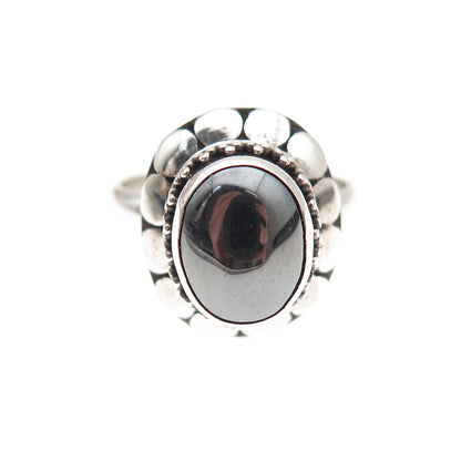 925 Sterling Silver Vintage Real Hematite Dotted Oxidized Ring Size 5.75