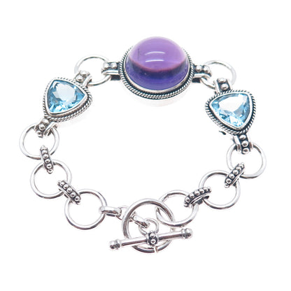SAMUEL BENHAM Sterling Silver Vintage Real Amethyst & Blue Topaz Bracelet 7.25"